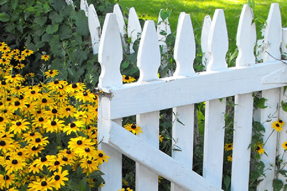 Weißer Holzzaun mit Blumen